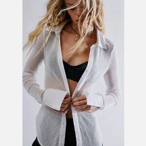 Free People White Mesh Button Down Shirt
